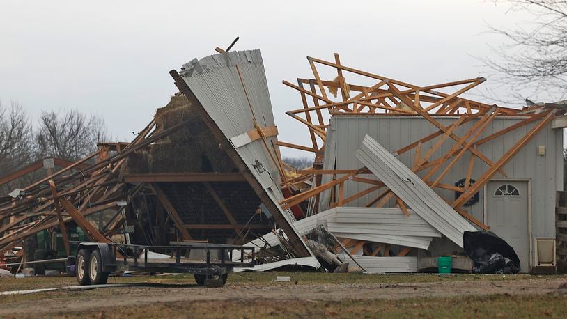 A destroyed barn on Fletcher-Chapel Road in Clark County Wednesday, Feb. 28, 2024. BILL LACKEY/STAFF