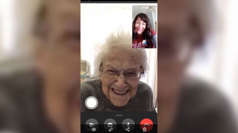 Ruth Parks meets virtually with her granddaugher Kelly Perry when nursing homes were no longer allowed to have visitors. Parks turned 100 last March but died of COVID-19 in November. SUBMITTED