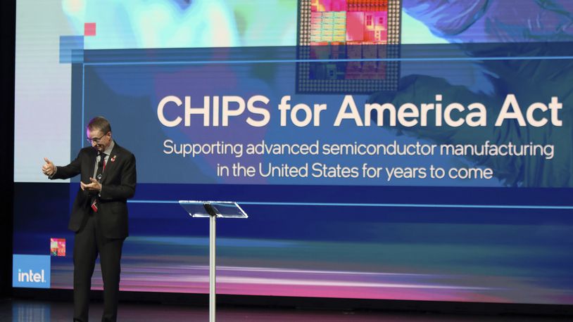 Intel CEO Patrick Gelsinger speaks during the announcement on Friday Jan. 21, 2022 in Newark, Ohio, that Intel will invest $20 billion to build two computer chip factories on a 1,000-acre site in Licking County, Ohio, just east of Columbus. (AP Photo/Paul Vernon)