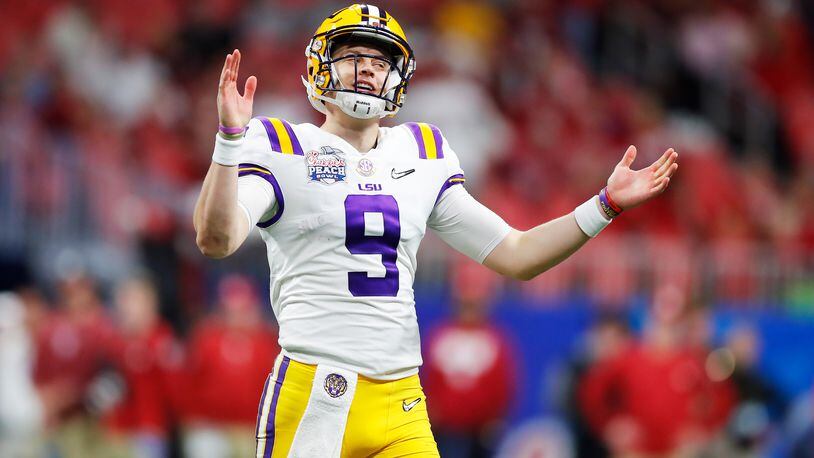 ATLANTA, GEORGIA - DECEMBER 28: Quarterback Joe Burrow #9 of the LSU Tigers reacts turnover a play against the Oklahoma Sooners during the Chick-fil-A Peach Bowl at Mercedes-Benz Stadium on December 28, 2019 in Atlanta, Georgia. (Photo by Todd Kirkland/Getty Images)