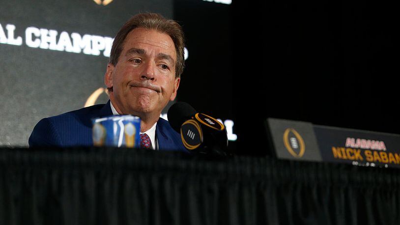TAMPA, FL - JANUARY 8:   Head coach Nick Saban of the Alabama Crimson Tide speaks to members of the media during the College Football Playoff National Championship Head Coaches Press Conference on January 8, 2017 at the Tampa Convention Center in Tampa, Florida. (Photo by Brian Blanco/Getty Images)