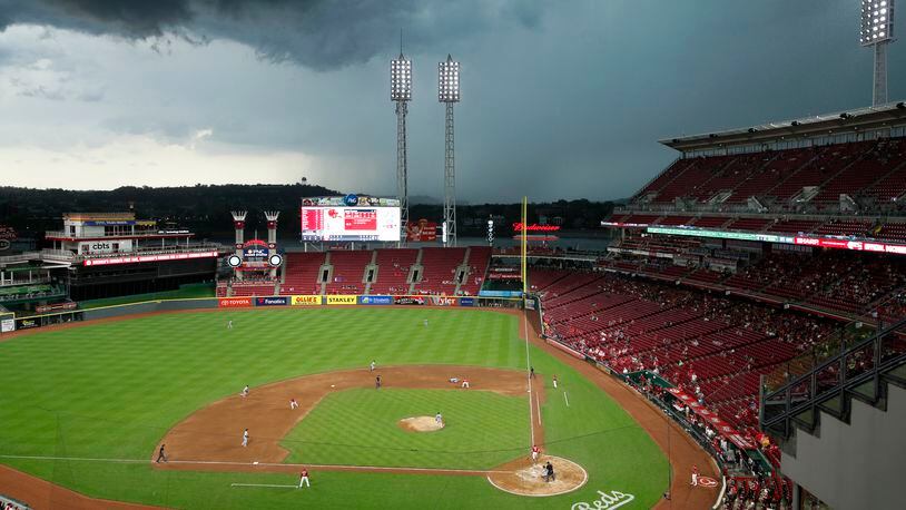 CINCINNATI, OH - MAY 06: General view as a storm approaches the ball park in the fourth inning of a game between the Cincinnati Reds and Miami Marlins at Great American Ball Park on May 6, 2018 in Cincinnati, Ohio. (Photo by Joe Robbins/Getty Images)