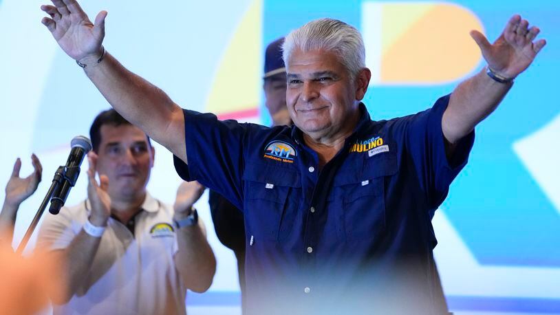 Presidential candidate Jose Raul Mulino, of the Achieving Goals party, celebrates after winning on the day of the general electing in Panama City, Sunday, May 5, 2024. (AP Photo/Matias Delacroix)