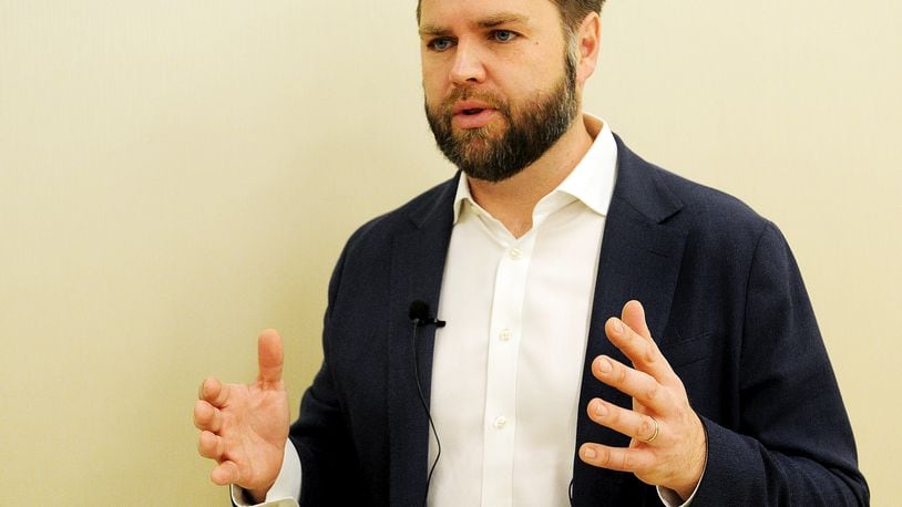 U.S. Sen. J.D. Vance, who at the time of this photo was a candidate running for senate, addressed the Dayton chamber forum Monday Oct. 31, 2022 at the CareSource, Pamela Morris Center. MARSHALL GORBY\STAFF