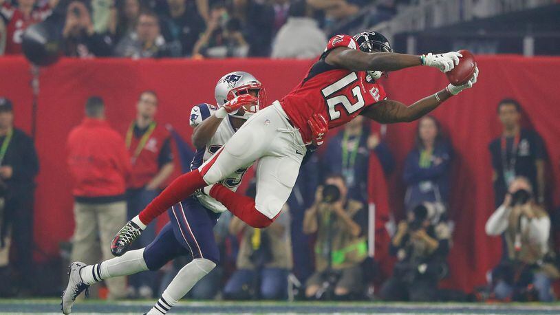 Former Bengals wide receiver Mohamed Sanu of the Atlanta Falcons makes a catch against the Patriots during Super Bowl 51 at NRG Stadium on February 5 in Houston.