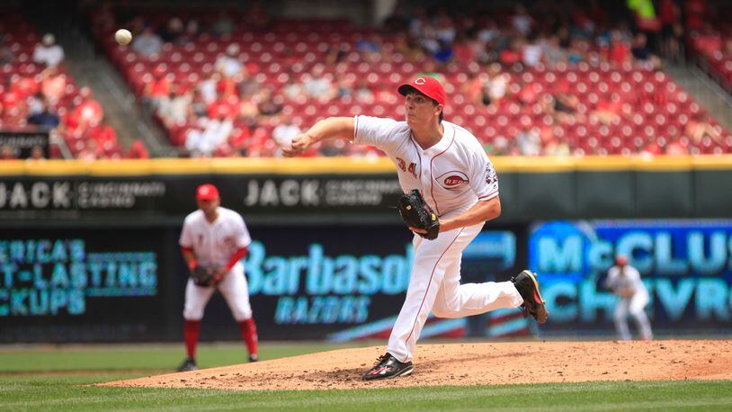 Reds starter Homer Bailey pitches against the Nationals on Sunday, July 16, 2017, at Great American Ball Park in Cincinnati. David Jablonski/Staff
