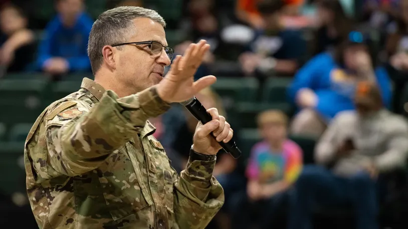 Maj. Gen. William T. Cooley, former Air Force Research Laboratory commander, speaks during the FIRST LEGO League Tournament closing ceremony in the Wright State University Nutter Center, Dayton, Ohio, Feb. 3, 2019.  (U.S. Air Force photo by R.J. Oriez)