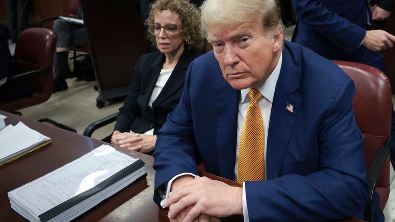 Former President Donald Trump sits in Manhattan Criminal Court on Tuesday, May 7, 2024 in New York. (Win McNamee/Pool Photo via AP)