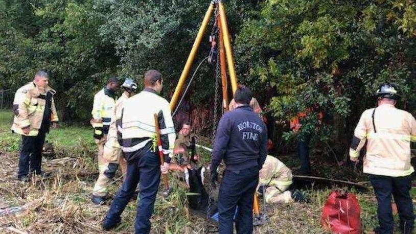 Firefighters in Houston worked for an hour to free a horse that had fallen into a septic hole Sunday.