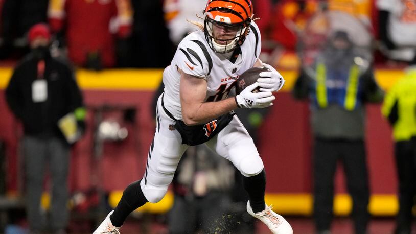 Cincinnati Bengals wide receiver Trenton Irwin (16) runs against the Kansas City Chiefs during the second half of the NFL AFC Championship playoff football game, Sunday, Jan. 29, 2023, in Kansas City, Mo. (AP Photo/Charlie Riedel)