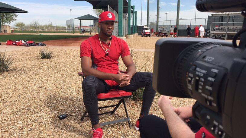 Reds pitcher Amir Garrett is interviewed Tuesday at the spring training complex in Goodyear, Arizona. MIKE HARTSOCK / WHIO TV