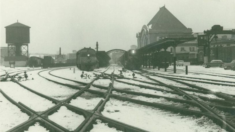 This snowy scene from 1956 shows the Big Four Depot looking west down Washington from Linden Avenue. PHOTO COURTESY OF THE CLARK COUNTY HISTORICAL SOCIETY