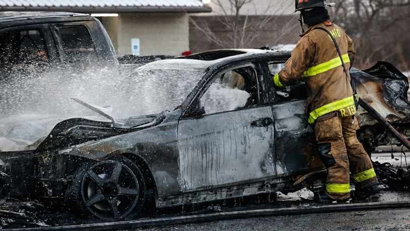 Police and medics responded to a fiery, multiple-vehicle crash with injuries Tuesday afternoon, Jan. 24, 2023, on Brandt Pike north of Chambersburg Road in Huber Heights. JIM NOELKER/STAFF