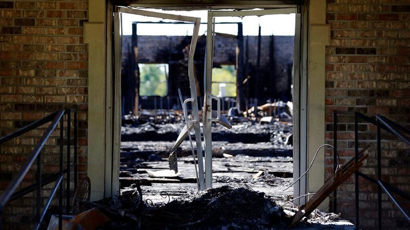 The burnt ruins of the Greater Union Baptist Church, one of three that recently burned down in St. Landry Parish, are seen in Opelousas, La., Wednesday, April 10, 2019.