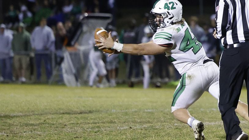 Badin's Nate Ostendorf intercepts a pass during their game against Fenwick. Badin defeated Fenwick 14-6 in their football game Friday, Oct. 14, 2022 at Bishop Fenwick High School. NICK GRAHAM/STAFF
