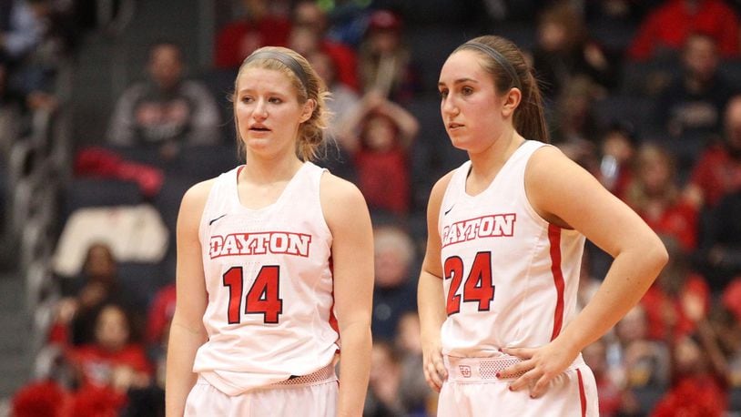 Dayton’s Jenna Burdette, left, and Lauren Cannatelli watch a teammate shoot a free throw during a game against Duquesne on Jan. 31, 2018, at UD Arena. David Jablonski/Staff