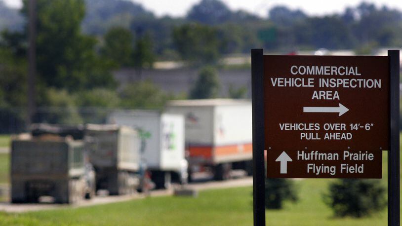 Wright-Patterson Air Force Base Gate 16A, a commercial truck screening checkpoint, will be consolidated with a new Gate 26A in 2019 in a $10.5 million construction project. JIM WITMER | 2011 STAFF FILE PHOTO