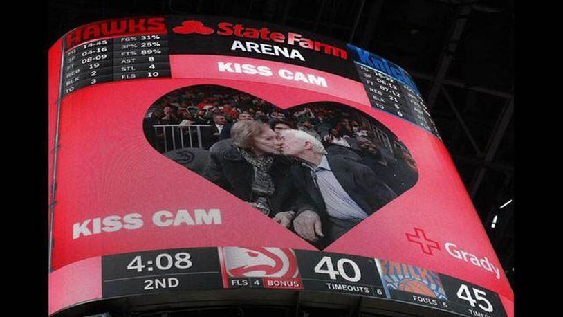 Former President Jimmy Carter and wife, Rosalyn, are caught on the 'kiss cam,' again.
