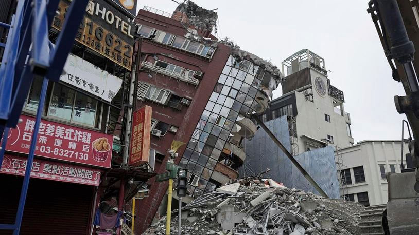 Demolition work is underway at a building collapsed by a powerful earthquake in Hualien City, Taiwan, Saturday, April 6, 2024. Taiwan’s strongest earthquake in 25 years struck Wednesday morning off its east coast. (Suo Takekuma/Kyodo News via AP)
