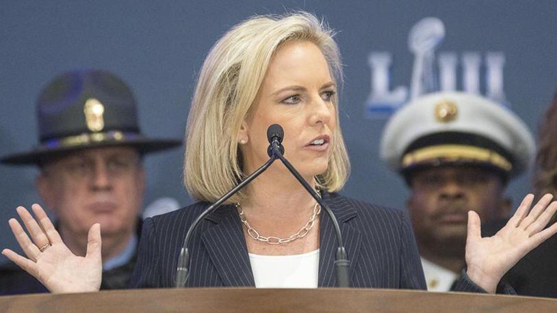 Kirstjen Nielsen, Secretary of Homeland Security, spoke during an overview of  a public safety press conference for Super Bowl 53 at the Georgia World Congress Center in Atlanta Jan. 30, 2019.