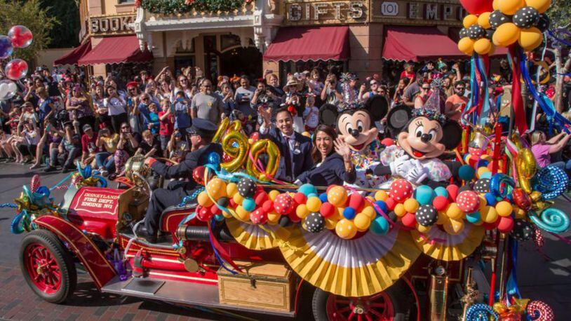 In this handout image provided by Walt Disney World Resort, Disneyland guests and Cast Members celebrate Mickey Mouses 90th birthday, November 18, 2018, during a festive cavalcade down Main Street U.S.A at Disneyland park in Anaheim, California. Beginning in January 2019, Disneyland guests will be able to join the party with Get Your Ears On  a Mickey and Minnie Celebration featuring new entertainment, limited-time merchandise and food and beverage offerings.