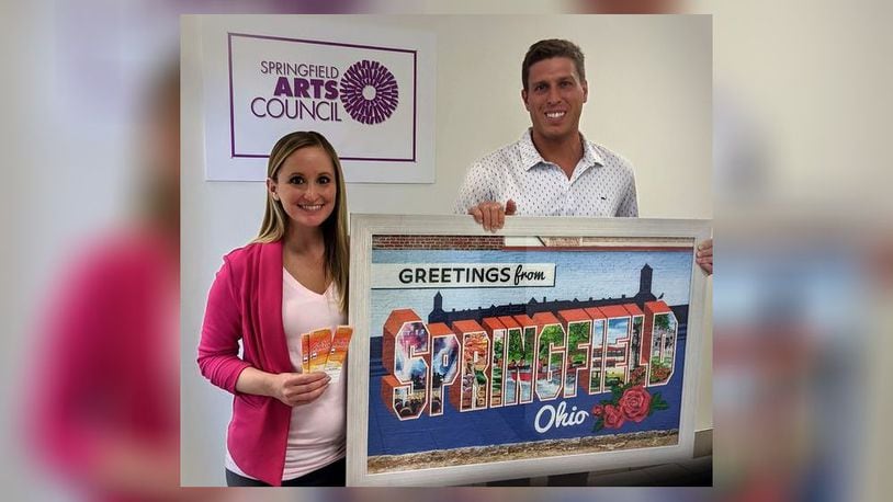 Event chairs Bridget Houston and Greg Rogers display raffle tickets and one of the art pieces that will be for auction for the Springfield Arts Council's 44th annual Salute to the Arts Benefit Auction. The auction, which will be done virtually, will feature up to 40 items including vacations, getaways, art and more beginning April 10 through May 1. Proceeds benefit the Arts Council's programs including the Summer Arts Festival. Contributed photo