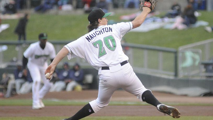 Dragons starting pitcher Packy Naughton. The Dragons defeated the visiting Lake County Captains 4-1 at Fifth Third Field in Dayton on Tuesday, April 10, 2018. MARC PENDLETON / STAFF