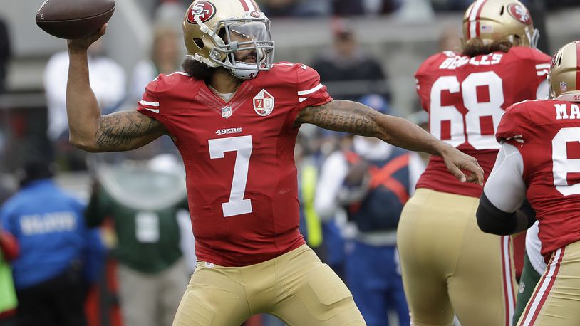 FILE - In this Dec. 11, 2016, file photo, San Francisco 49ers quarterback Colin Kaepernick (7) passes against the New York Jets during the first half of an NFL football game in Santa Clara, Calif. (AP Photo/Marcio Jose Sanchez, File)