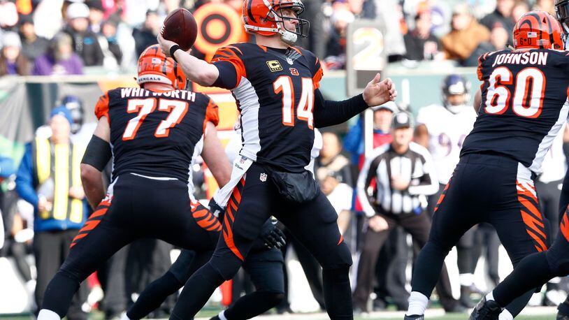 CINCINNATI, OH - JANUARY 1: Andy Dalton #14 of the Cincinnati Bengals throws a pass during the second quarter of the game against the Baltimore Ravens at Paul Brown Stadium on January 1, 2017 in Cincinnati, Ohio. (Photo by Michael Hickey/Getty Images)