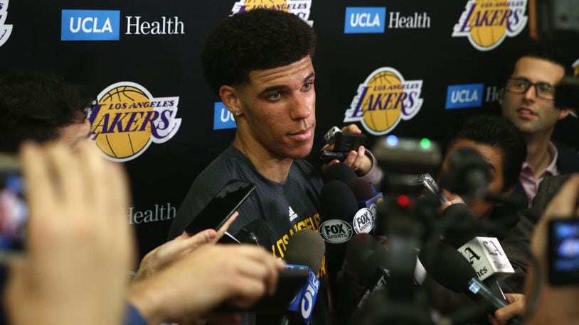 EL SEGUNDO, CA - JUNE 07:  NBA Prospect Lonzo Ball speaks with the media after a workout with the Los Angeles Lakers at Toyota Sports Center on June 7, 2017 in El Segundo, California.  NOTE TO USER: User expressly acknowledges and agrees that, by downloading and or using this photograph, User is consenting to the terms and conditions of the Getty Images License Agreement.  (Photo by Sean M. Haffey/Getty Images)