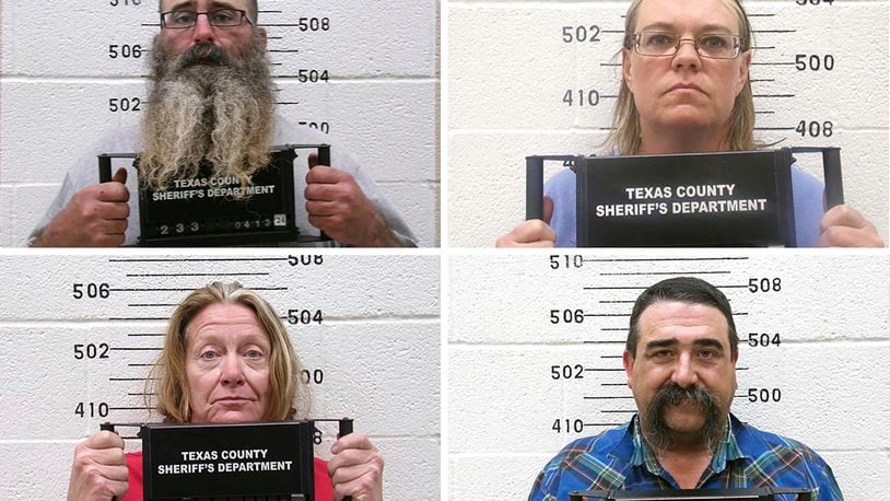 This combination of booking photo provided by the Oklahoma State Bureau of Investigation shows Tad Bert Cullum, top left, Cora Twombly, top right, Tifany Machel Adams, bottom left, and Cole Earl Twombly, bottom right. On Saturday, April 13, 2024, Oklahoma authorities said they arrested and charged these four people with murder and kidnapping over the weekend in connection with the disappearances of Veronica Butler and Jilian Kelley. (Oklahoma State Bureau of Investigation via AP)