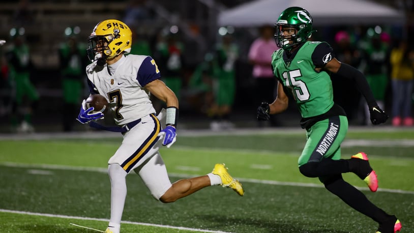 Springfield's Anthony Brown scores on a 66-yard touchdown catch against Northmont in the third quarter on Friday, Oct. 21, 2022, in Clayton. David Jablonski/Staff