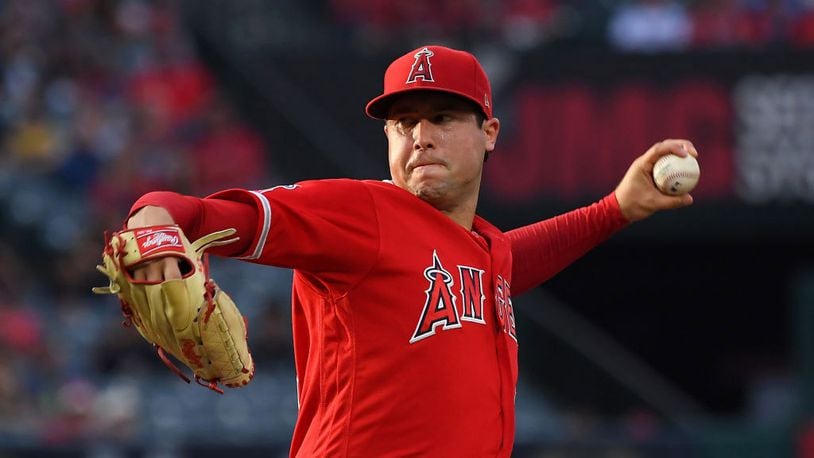 Tyler Skaggs #45 of the Los Angeles Angels pitches in the first inning of the game against the Oakland Athletics at Angel Stadium of Anaheim on June 29, 2019 in Anaheim, California.