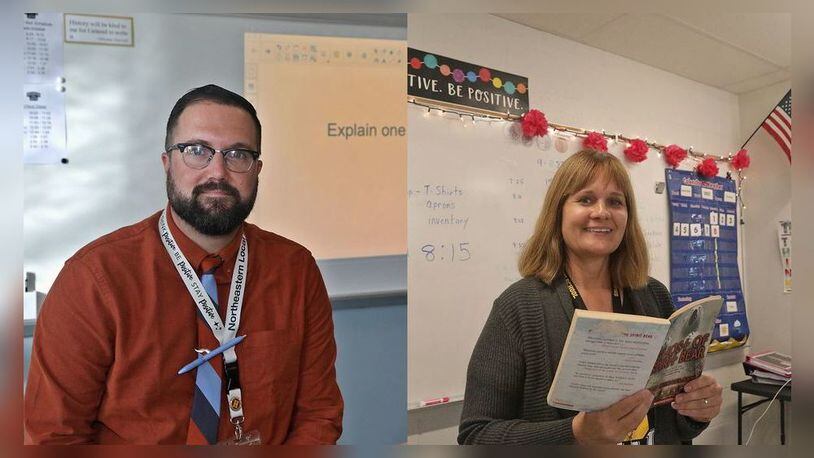 Some of the many teachers who are making a difference in the classroom: (from left to right) Reed Jones, American History teacher at Northeastern High School; and Beth Szekacs, cross-categorical classroom at Clark-Shawnee schools. BILL LACKEY/STAFF