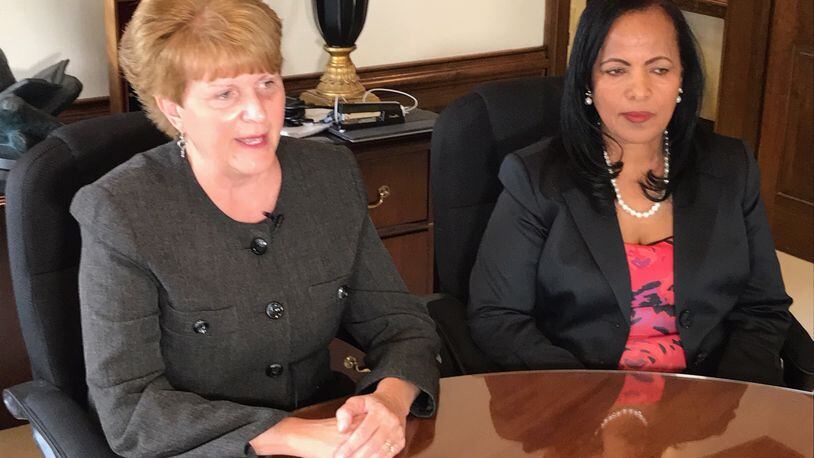 Dayton Public Schools Superintendent Elizabeth Lolli (left) and DPS Treasurer Hiwot Abraha talk about how a phishing scam fooled a payroll employee into changing Lolli’s direct deposit information.