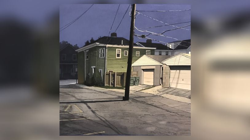 Columbus-based artist Christopher Burk creates meticulously crafted images of the urban areas he lives in, drawing attention to details most of us pass by without notice. Contributed photo of his painting “Green House-Nocturne.”