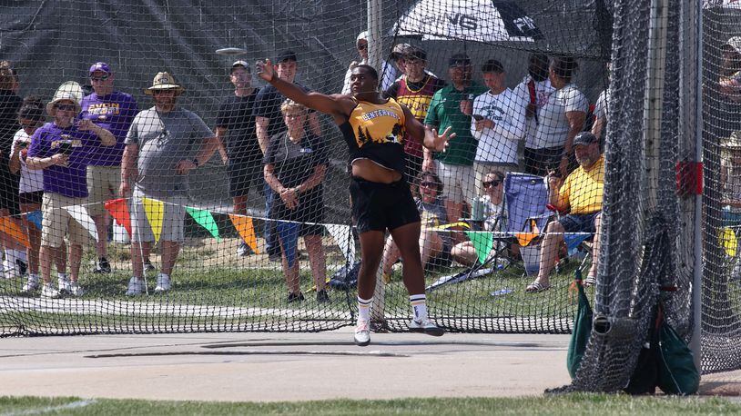 Centerville's Cameron Gay throws the discus in the Division I state track meet on Saturday, June 3, 2023, at Jesse Owens Memorial Stadium in Columbus, Ohio. David Jablonski/Staff