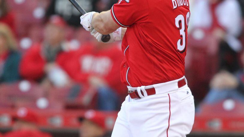 The Reds’ Jay Bruce hits a three-run home run in the first inning against the Brewers on Thursday, May 5, 2016, at Great American Ball Park in Cincinnati. David Jablonski/Staff