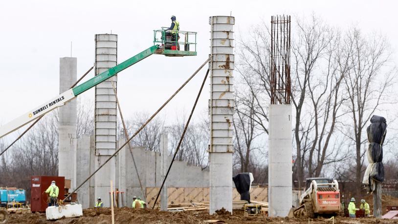 Construction continues on the new Huber Heights music center. Huber Heights officials are expected to begin negotiations on a contract this week with Music and Event Management, Inc. to manage the $18 million music center. LISA POWELL / STAFF