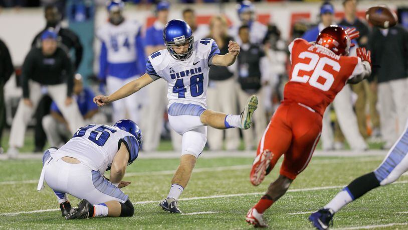 Jake Elliott of the Memphis Tigers tries a 48-yard field goal against the Houston Cougars in a 2015 game in Houston.