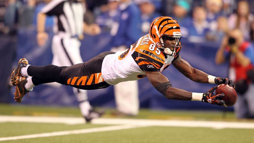 INDIANAPOLIS - NOVEMBER 14: Chad Ochocinco #85 of the Cincinnati Bengals reaches for a pass during the Bengals 23-17 loss to the Indianapolis Colts in the NFL game at Lucas Oil Stadium on November 14, 2010 in Indianapolis, Indiana. (Photo by Andy Lyons/Getty Images)