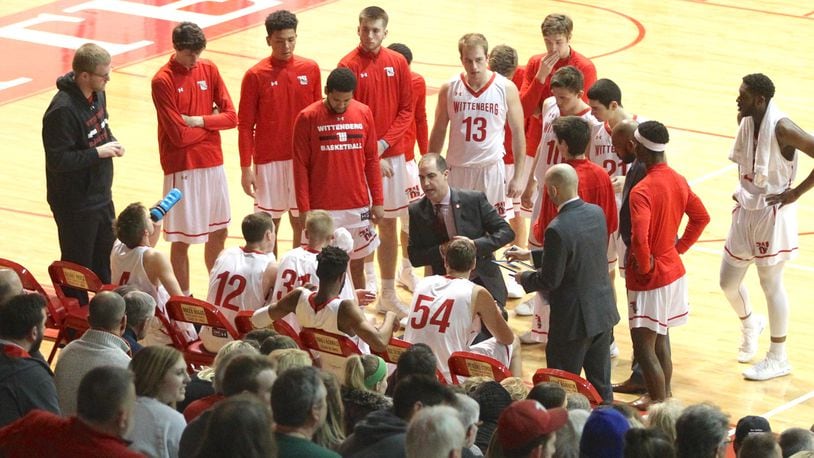Wittenberg coach Matt Croci talks to the players during a game against Wabash on Wednesday, Feb. 13, 2019, at Pam Evans Smith Arena in Springfield. David Jablonski/Staff