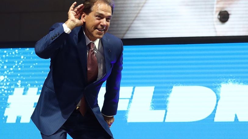 PHILADELPHIA, PA - APRIL 27:  Nick Saban, head football coach at the University of Alabama, poses on stage prior to the first round of the 2017 NFL Draft at the Philadelphia Museum of Art on April 27, 2017 in Philadelphia, Pennsylvania.  (Photo by Elsa/Getty Images)