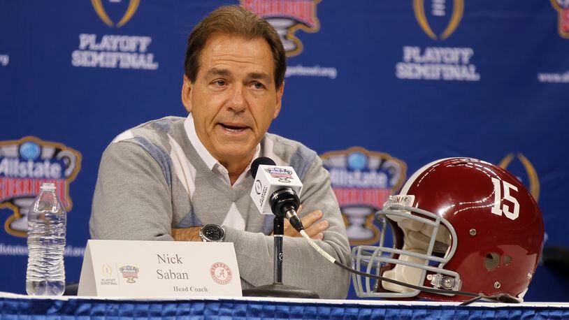Alabama coach Nick Saban talks to reporters during Media Day at the Sugar Bowl at the Superdome in New Orleans on Tuesday, Dec. 30, 2014. David Jablonski/Staff