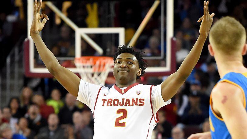LOS ANGELES, CA - JANUARY 25: Jonah Mathews #2 of the USC Trojans celebrates after a three-point basket during the game against the UCLA Bruins at Galen Center on January 25, 2017 in Los Angeles, California. Trojans won 84-76. (Photo by Jayne Kamin-Oncea/Getty Images)