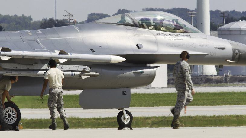 F-16 crews from the Ohio Air National Guard’s 180th Fighter Wing flew training missions out of Wright-Patterson Air Force Base in 2013, while their home runway at Toledo Express Airport was repaved. CHRIS STEWART / STAFF FILE PHOTO
