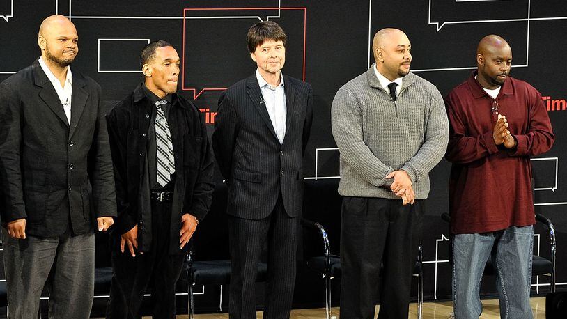 (L-R)  Kevin Richardson, Korey Wise, Ken Burns, Raymond Santana, and Antron McCray attend the TimesTalks Presents: 'Central Park 5' at TheTimesCenter on April 17, 2013 in New York City.