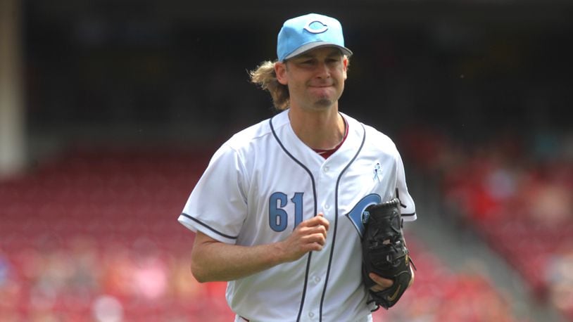 Bronson Arroyo leaves the mound after striking out the side against the Dodgers in the first inning on Sunday, June 18, 2017, at Great American Ball Park in Cincinnati. David Jablonski/Staff