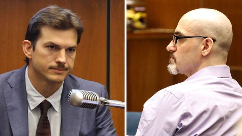 Ashton Kutcher testifies during the trial of alleged serial killer Michael Gargiulo; Gargiulo listens as Ashton Kutcher testifies on May 29, 2019 in Los Angeles.
