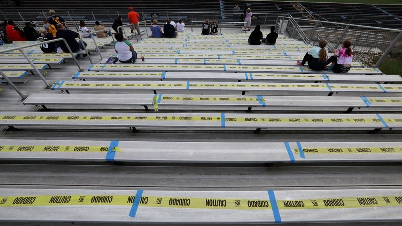 The bleachers were marked so fans could social distance on Aug. 28 while watching Springfield play Wayne. BILL LACKEY/STAFF